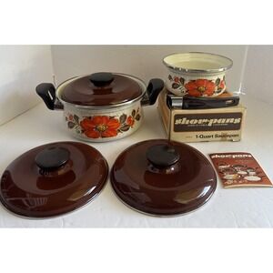 Vtg MCM Sanko Ware LOT Japan Show Pans 6Pc Enamel Cookware Orange Poppy Ext Lids